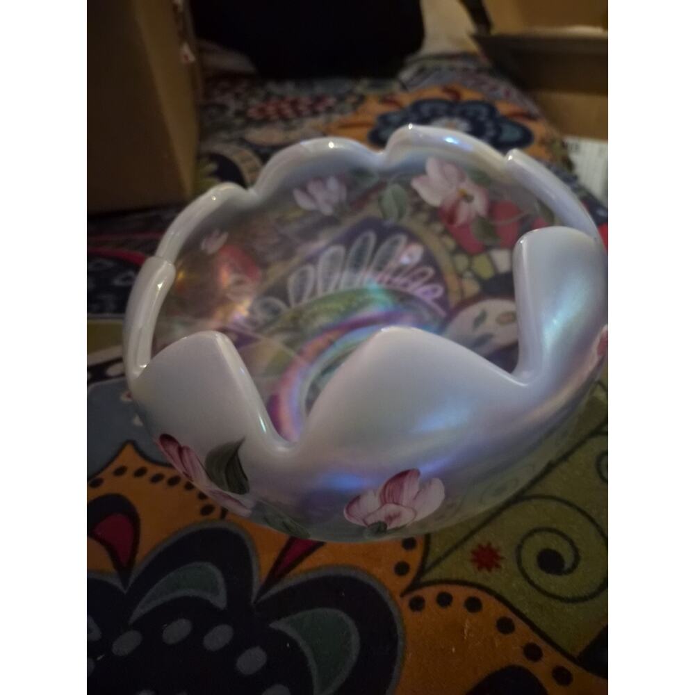 Vintage Fenton Art Glass White Opalescent Rose Bowl With A Hand Painted B...